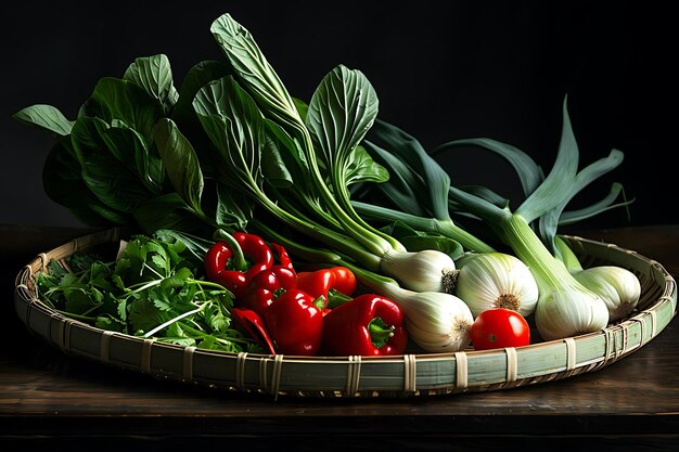 Bokchoy bell peppers and thai traditional food on table against black background