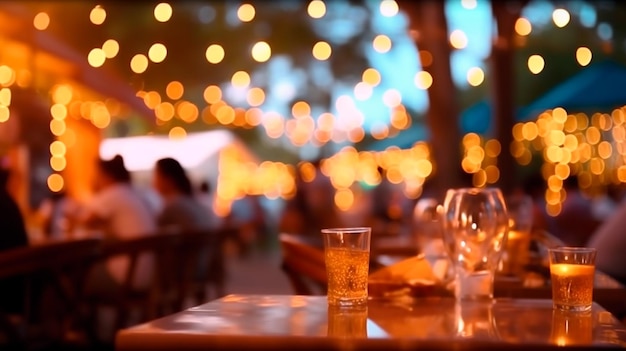 Bokeh background of street bar beer restaurant outdoor People sit chill out and hang out dinner and listen to music together in avenue Generative AI