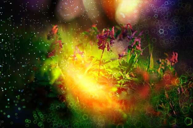 bokeh flowers field highlight magic / landscape wild flower abstract nature background at sunset macro