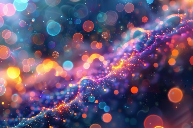 Bokeh light pattern with vibrant colors and glowing orbs in a digital abstract style