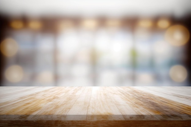 Bokeh in the store an empty table and a wooden interior background