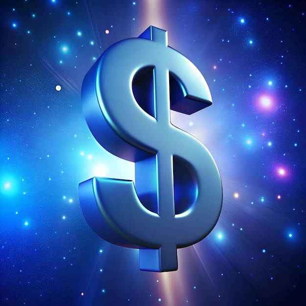 Photo a bold 3d dollar sign in a metallic blue finish set against a shimmering blue background with glowing stars