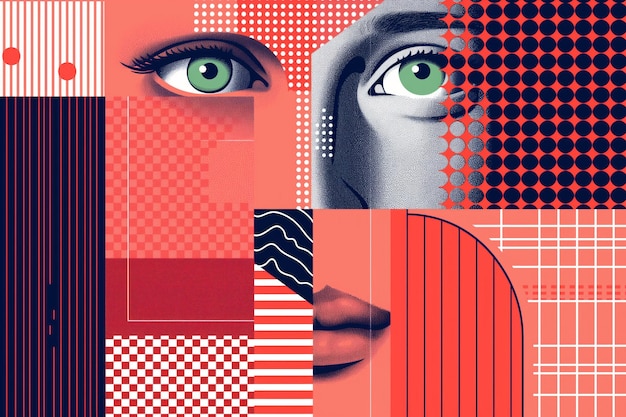 Photo bold abstract collage of a face with geometric patterns in red and black