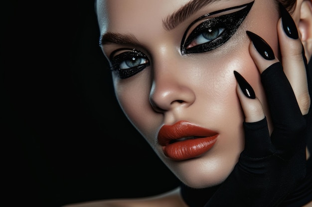 Bold Black Makeup And Edgy Manicure Of Fashion Model Standing Out Against Black Background