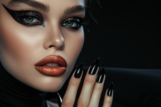 Bold Black Makeup And Edgy Manicure Of Fashion Model Standing Out Against Black Background