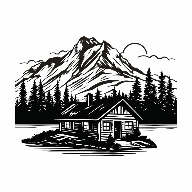 Photo bold black and white cabin illustration with mountains on a lake