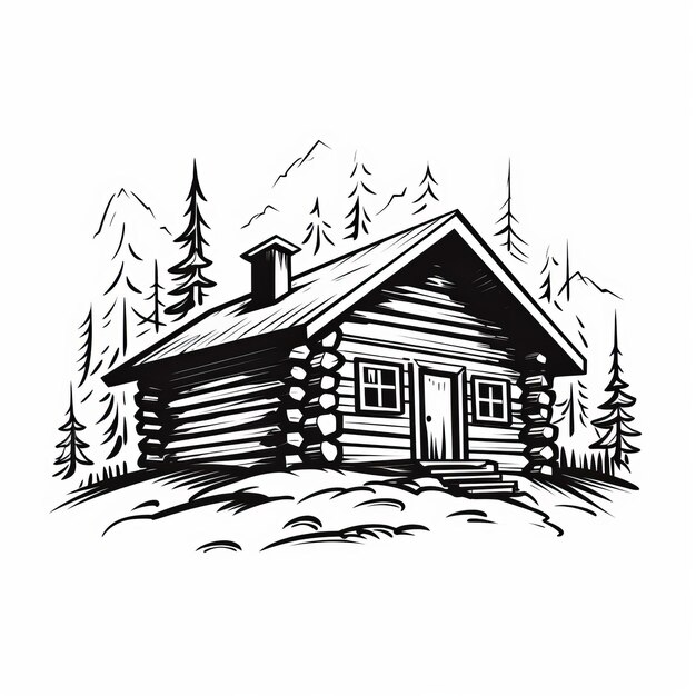 Photo bold black and white log cabin illustration with stencil art style