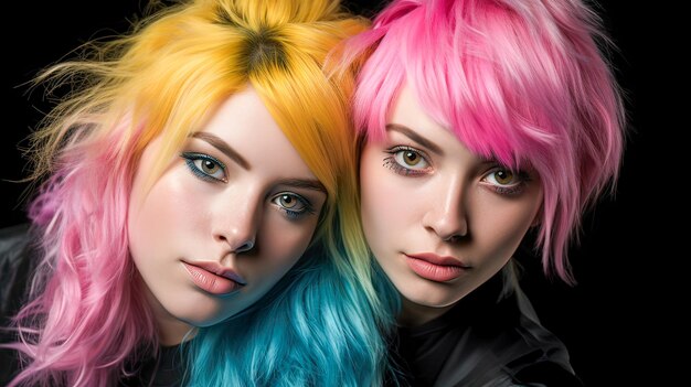 Photo bold colorful tints highlight their modern hairstyles against a black backdrop