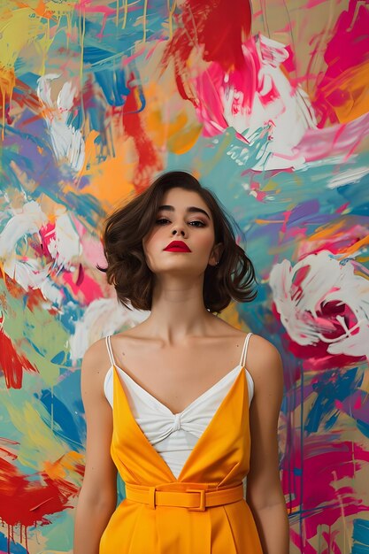 Bold Elegance Beautiful Girl Adorned by a Vibrant Painterly Background