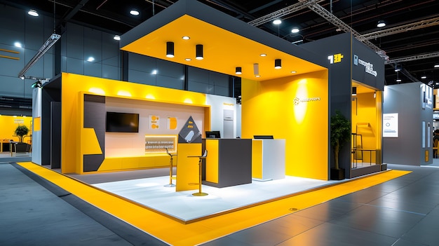 Bold exhibition booth with bright yellow accents and clean lines