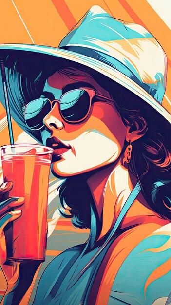 Bold Fashion Illustration of Woman Sipping Drink from Straw by Pool