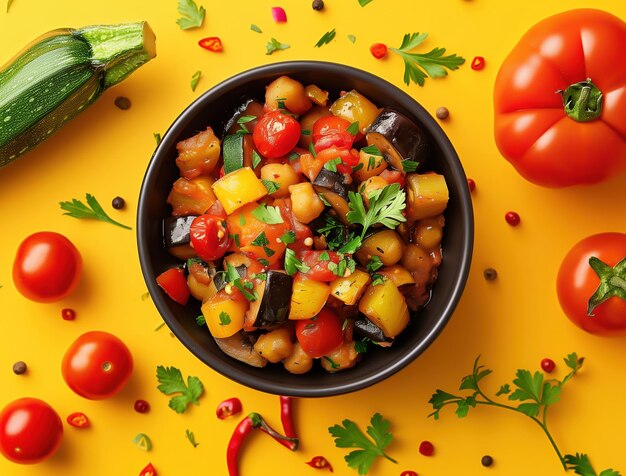 Bold Flat Lay Photo of Spanish Pisto with Eggplant Zucchini Tomatoes and Peppers