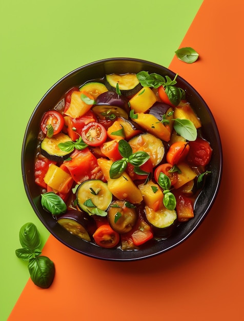 Bold Flat Lay Photo of Spanish Pisto with Eggplant Zucchini Tomatoes and Peppers