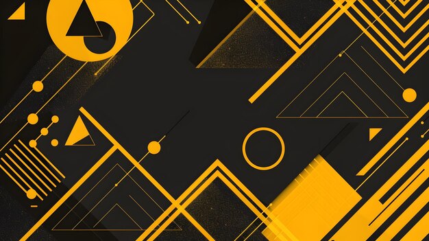 Bold Geometric Abstract Banner with Minimalist Arrangement of Triangles Circles and Lines in Vibrant Yellow and Black Hues