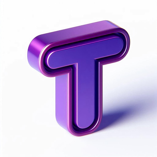 Photo bold glossy 3d letter t icon in bright purple isolated on white background