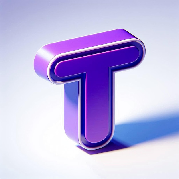 Photo bold glossy 3d letter t icon in bright purple isolated on white background