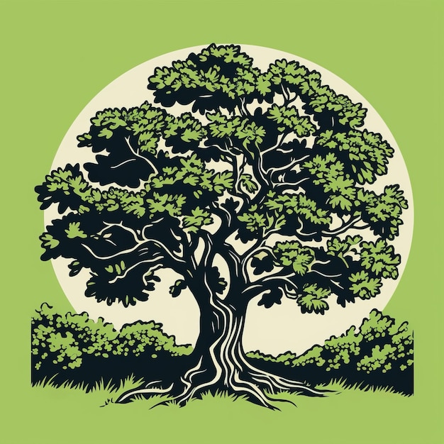 Bold Graphic Illustration Old Oak Tree On Opal Green Background