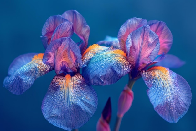 A bold graphic rendition of irises with each flower deconstructed into geometric shapes and vibrant blues and purples