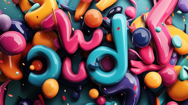 A bold highenergy design with 3D bubble letters in a range of vibrant colors each letter slightly distorted for a dynamic effect