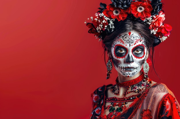 Bold La Catrina Portrait Woman with Vibrant Red Background