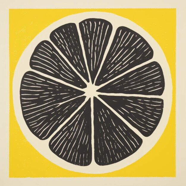 Photo bold lemon slice on yellow paper organic form in blackandwhite block print style