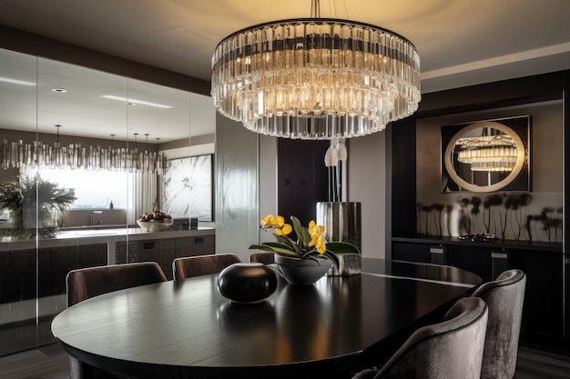 Bold lighting fixture above sleek dining table with crystal accents created with generative ai