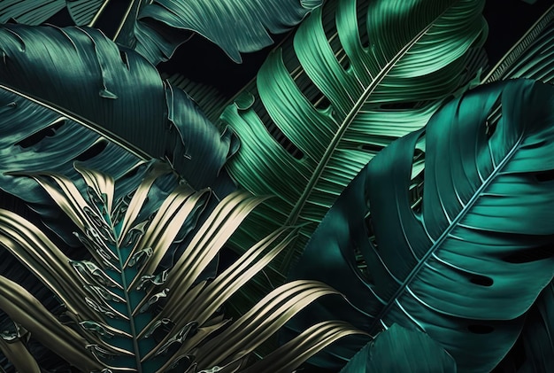 Bold metallic tone color of tropical monstera and palm leaf background