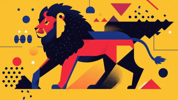 Photo bold neo brutalism lion design in geometric shapes and vibrant colors on a minimal background