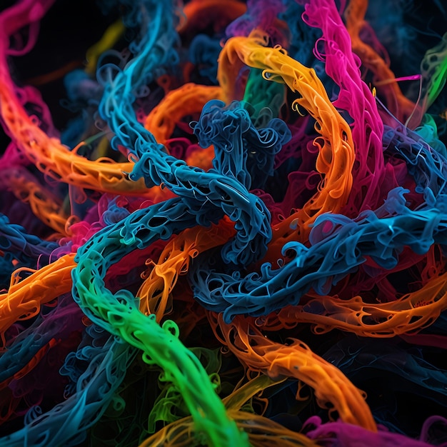 Photo bold neon smoke tendrils twisting and turning in a chaotic energetic manner creating a vibrant