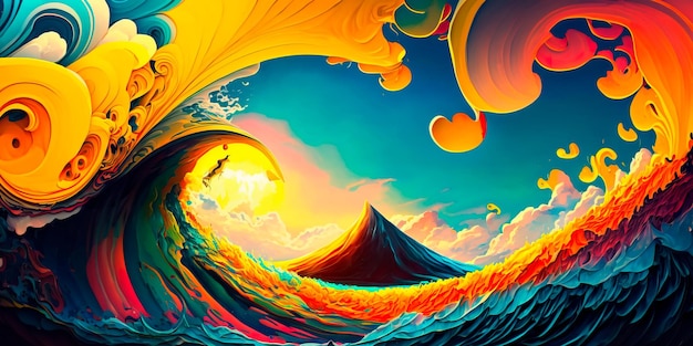 Bold psychedelic waves on a bright background Generative AI