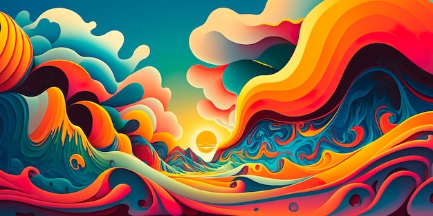 Bold psychedelic waves on a bright background Generative AI