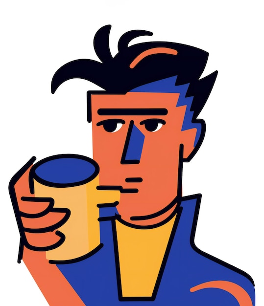 Bold Quirky lined Stylised Man with a Mug Avatar on white background