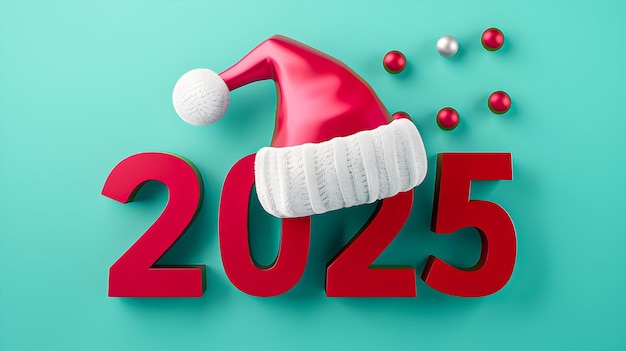 Photo bold red 2025 text adorned with a plush santa hat on a teal background surrounded by floating red and silver ornaments