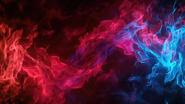 Bold red and blue flames ignite the darkness of the background