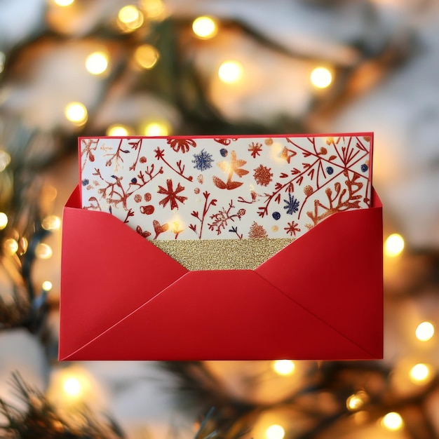 Photo bold red envelope with holiday patterns and a shiny gold ribbon surrounded by festive holiday lights