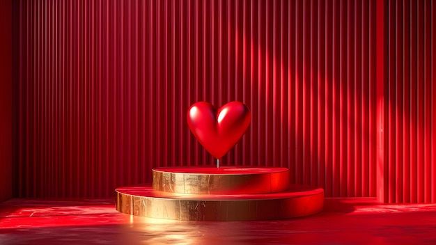 Bold Red Heart Sculpture on Golden Pedestal Against Red Drapery