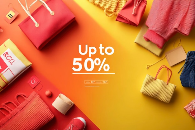 Photo bold red and yellow sale banner with apparel and footwear graphics