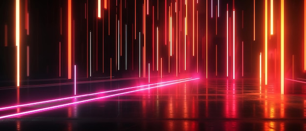 Bold studio setting with a dark black abstract theme neon light bars creating a pattern