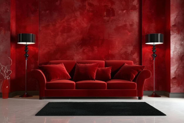 Bold and Stylish Living Room Interior with Contemporary Red Sofa on Matching Background