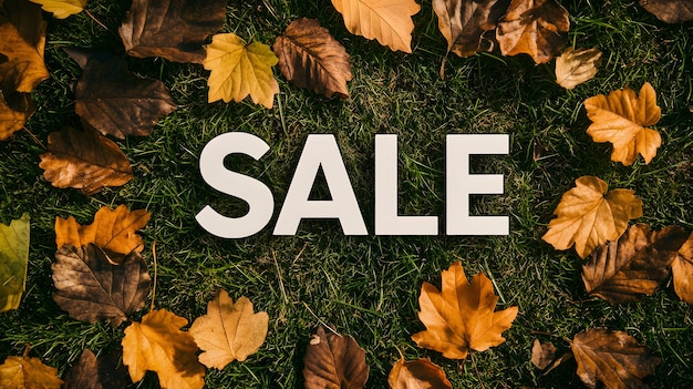 Photo bold white sale text over vibrant autumn maple leaves on dark textured background for seasonal promotion