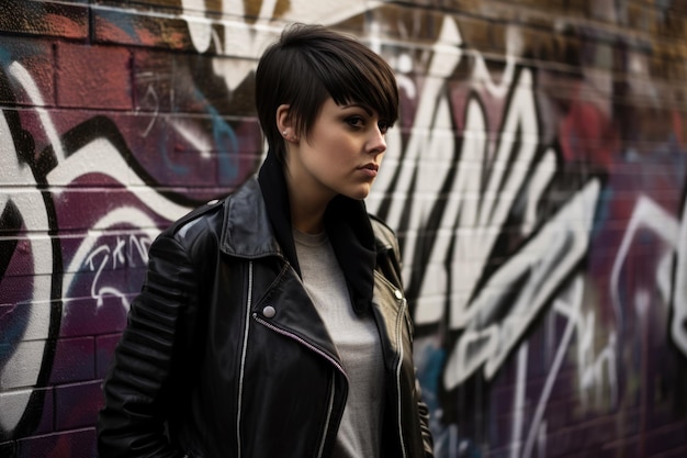 Bold woman in silhouette with a sharp haircut and wearing a leather jacket standing in front