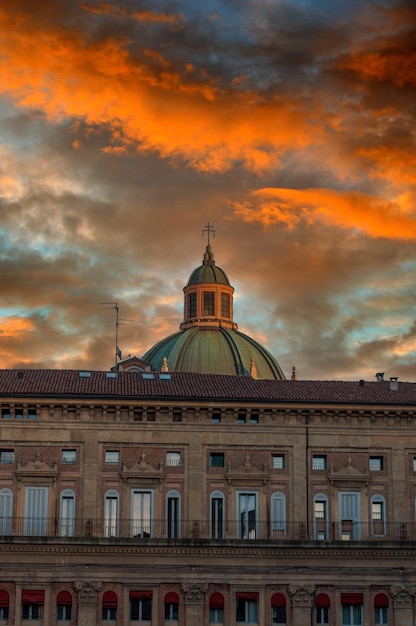 Bologna square with dramatic sunset