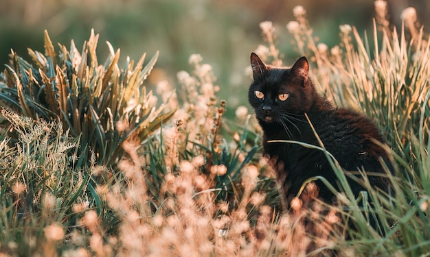 Photo bombay cat sits in a field of grass domestic cat walking outdoor