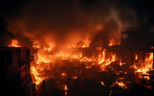 A bombed grain silo containing still burning grain