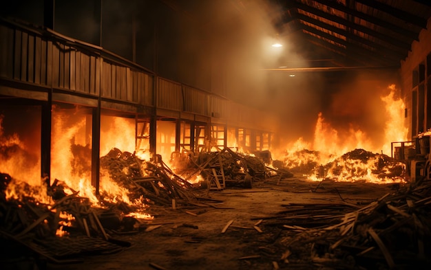 A bombed grain silo containing still burning grain