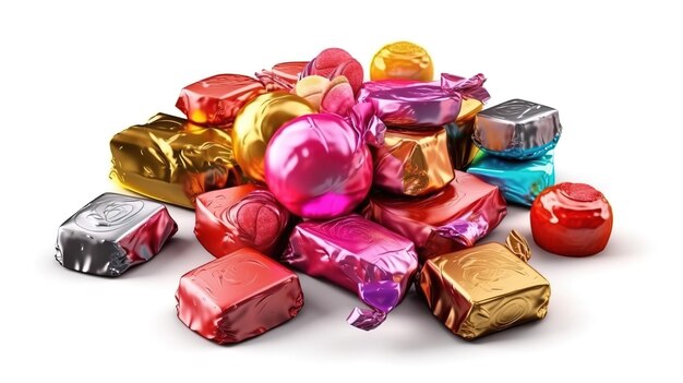 Bonbon wrapped with shiny metallic foil Objects isolated on white background Generative Ai