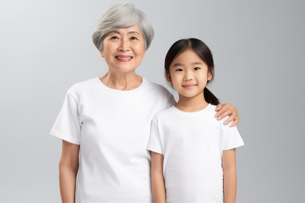 Bond of Love Smiling Asian Grandmother and Granddaughter Share a Special Connection in White Shirts