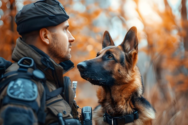 Photo a bond of trust a k9 officer and his loyal german shepherd in nature