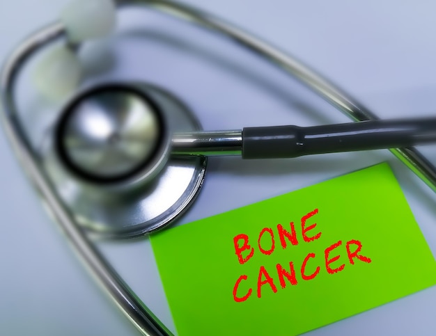 Bone Cancer medical term word in green card on white background with stethoscope. medical concept.