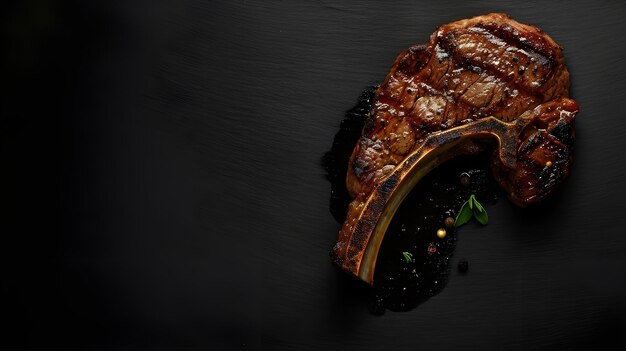 Photo bone steak on black background and an empty area for text